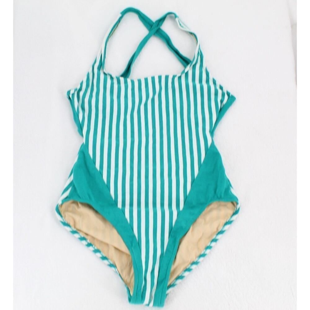 Sun Streak Vintage 90’s Women's size 16 Green & White Striped Swimsuit 1 piece